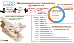Infografika: Buxoro viloyatida 2023 yil yanvar-mart oylari davomida assosiy kapitalga kiritilgan investitsiyalar tahlil qilindi