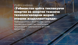 Ўзбекистон ҚТЭ манбаларини ва энергия тежовчи технологияларни жорий этишни жадаллаштиради (+инфографика)