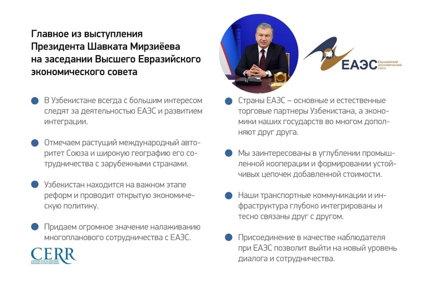 Главное из выступления Президента Узбекистана на заседании Высшего Евразийского экономического совета Главное из выступления Президента Узбекистана на заседании Высшего Евразийского экономического совета