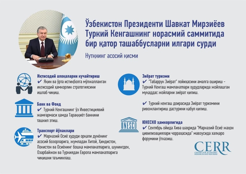 Инфографика: Туркий Кенгашнинг норасмий саммитида Президент Шавкат Мирзиёев томонидан қандай ташаббуслар илгари сурилган