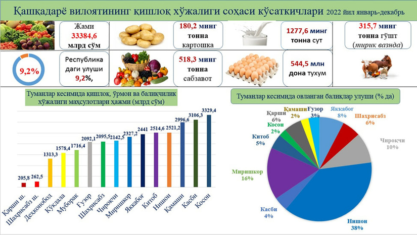 Qashqadaryo viloyatining 2022 yil yakunidagi qishloq xo‘jaligi ko‘rsatkichlari